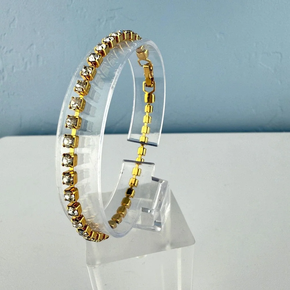 Vintage Gold Tone Rhinestone Tennis Bracelet Costume Jewelry Mid Century‎ Chic